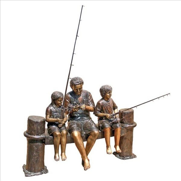 Fishing Family Cast Bronze Garden Statue Sitting on Pier Bench Sculpture